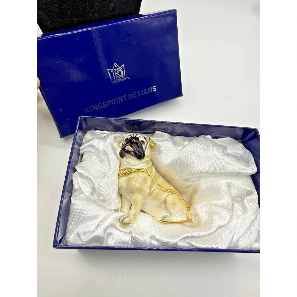 Kingspoint Designs Pug Trinket Box Necklace Rhinestone Pewter Dog Gift Set Boxed